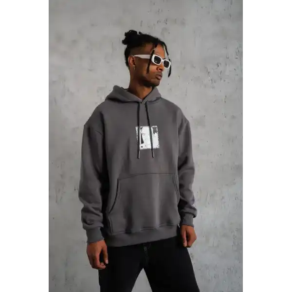 Erkek 3 İplik Pamuklu Kapüşonlu Baskılı Cepli Oversize Sweatshirt Hoodie - Gri