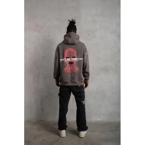 Erkek 3 İplik Pamuklu Kapüşonlu Baskılı Cepli Oversize Sweatshirt Hoodie - Gri