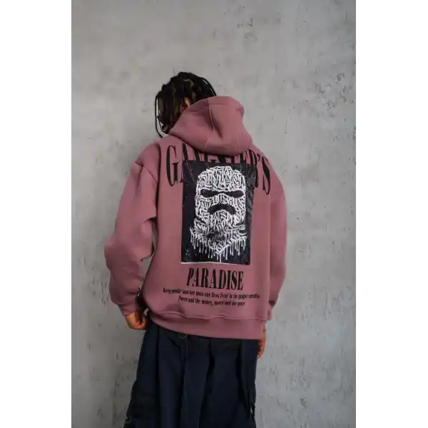 Erkek 3 İplik Pamuklu Kapüşonlu Baskılı Cepli Oversize Sweatshirt Hoodie - Gül Kurusu