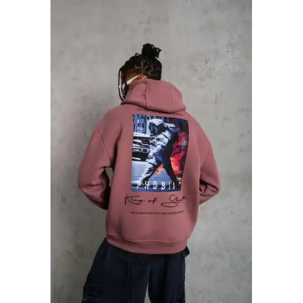 Erkek 3 İplik Pamuklu Kapüşonlu Baskılı Cepli Oversize Sweatshirt Hoodie - Gül Kurusu