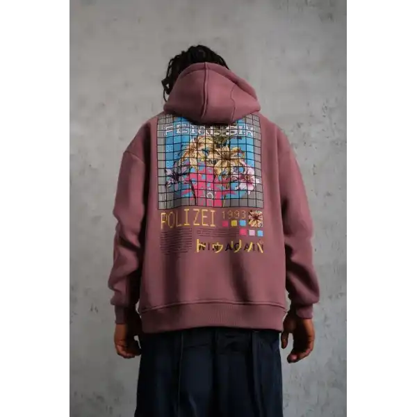 Erkek 3 İplik Pamuklu Kapüşonlu Baskılı Cepli Oversize Sweatshirt Hoodie - Gül Kurusu