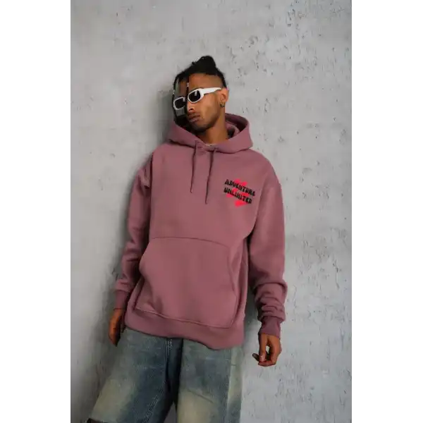Erkek 3 İplik Pamuklu Kapüşonlu Baskılı Cepli Oversize Sweatshirt Hoodie - Gül Kurusu
