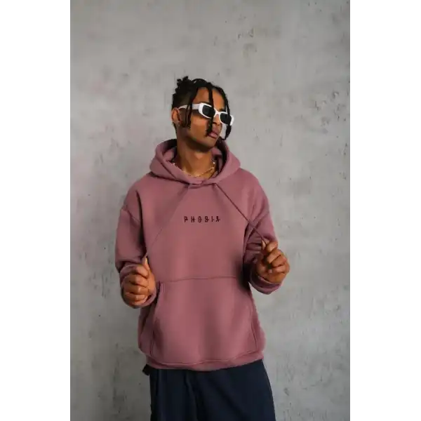 Erkek 3 İplik Pamuklu Kapüşonlu Baskılı Cepli Oversize Sweatshirt Hoodie - Gül Kurusu