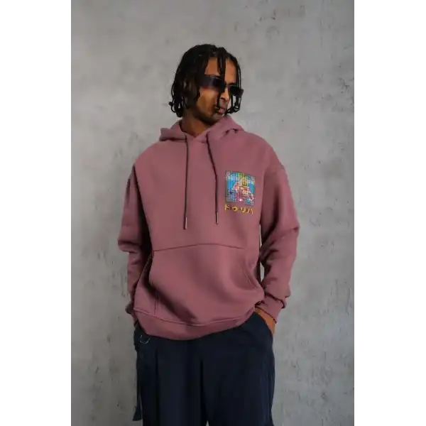 Erkek 3 İplik Pamuklu Kapüşonlu Baskılı Cepli Oversize Sweatshirt Hoodie - Gül Kurusu