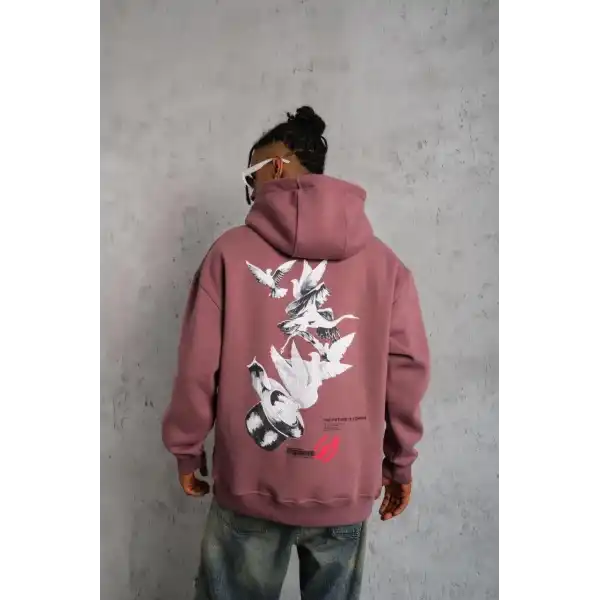 Erkek 3 İplik Pamuklu Kapüşonlu Baskılı Cepli Oversize Sweatshirt Hoodie - Gül Kurusu