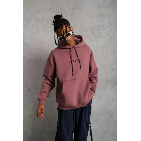 Erkek 3 İplik Pamuklu Kapüşonlu Baskılı Cepli Oversize Sweatshirt Hoodie - Gül Kurusu