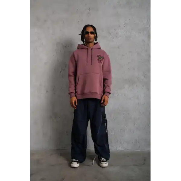 Erkek 3 İplik Pamuklu Kapüşonlu Baskılı Cepli Oversize Sweatshirt Hoodie - Gül Kurusu