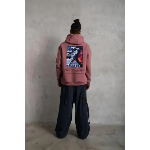 Erkek 3 İplik Pamuklu Kapüşonlu Baskılı Cepli Oversize Sweatshirt Hoodie - Gül Kurusu
