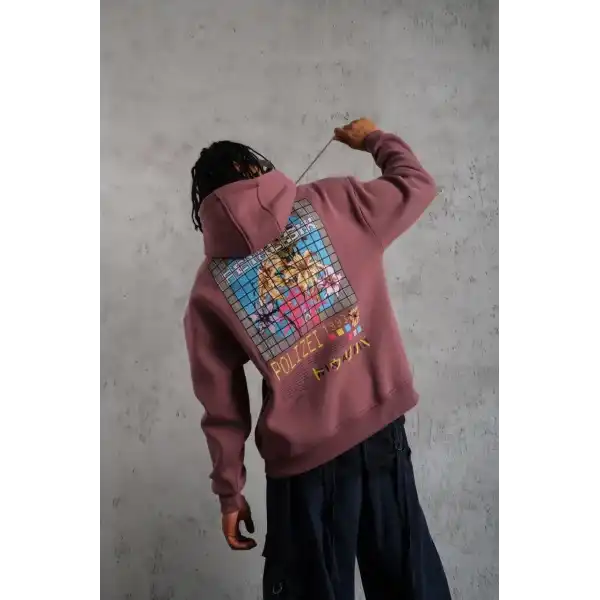 Erkek 3 İplik Pamuklu Kapüşonlu Baskılı Cepli Oversize Sweatshirt Hoodie - Gül Kurusu