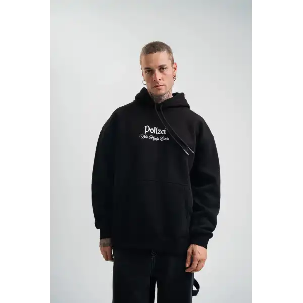 Erkek 3 İplik Pamuklu Kapüşonlu Baskılı Cepli Oversize Sweatshirt Hoodie - Siyah