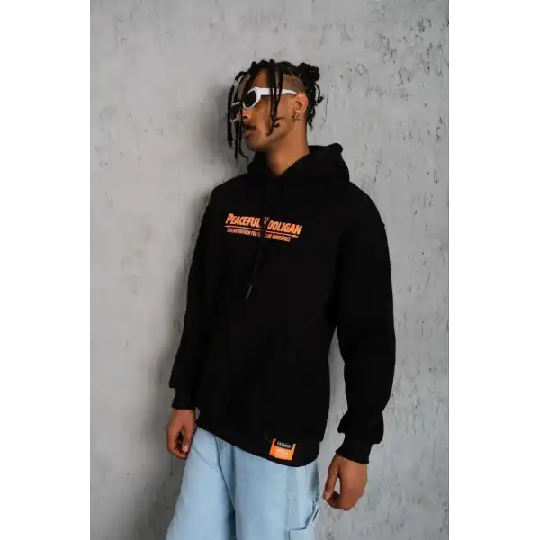 Erkek 3 İplik Pamuklu Kapüşonlu Baskılı Cepli Oversize Sweatshirt Hoodie - Siyah