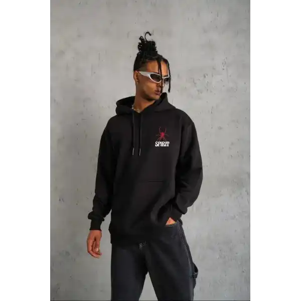 Erkek 3 İplik Pamuklu Kapüşonlu Baskılı Cepli Oversize Sweatshirt Hoodie - Siyah