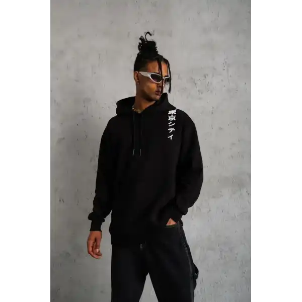Erkek 3 İplik Pamuklu Kapüşonlu Baskılı Cepli Oversize Sweatshirt Hoodie - Siyah