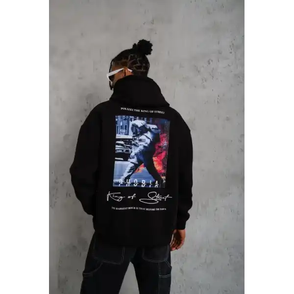 Erkek 3 İplik Pamuklu Kapüşonlu Baskılı Cepli Oversize Sweatshirt Hoodie - Siyah