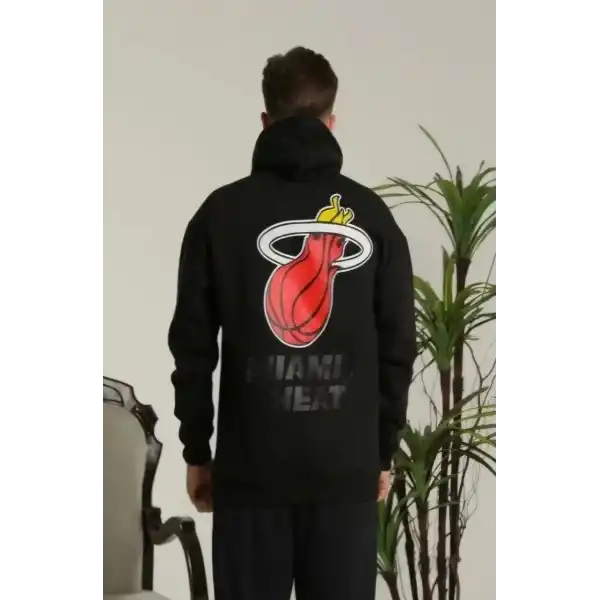 Erkek 3 İplik Pamuklu Kapüşonlu Baskılı Cepli Oversize Sweatshirt Hoodie - Siyah