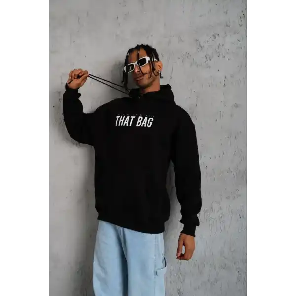 Erkek 3 İplik Pamuklu Kapüşonlu Baskılı Cepli Oversize Sweatshirt Hoodie - Siyah