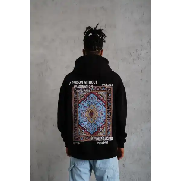 Erkek 3 İplik Pamuklu Kapüşonlu Baskılı Cepli Oversize Sweatshirt Hoodie - Siyah