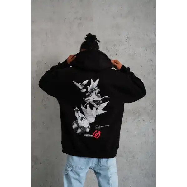 Erkek 3 İplik Pamuklu Kapüşonlu Baskılı Cepli Oversize Sweatshirt Hoodie - Siyah