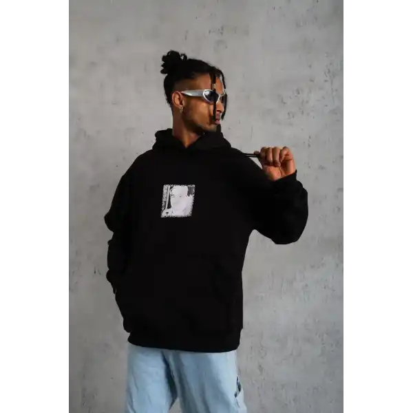 Erkek 3 İplik Pamuklu Kapüşonlu Baskılı Cepli Oversize Sweatshirt Hoodie - Siyah
