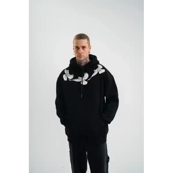 Erkek 3 İplik Pamuklu Kapüşonlu Baskılı Cepli Oversize Sweatshirt Hoodie - Siyah
