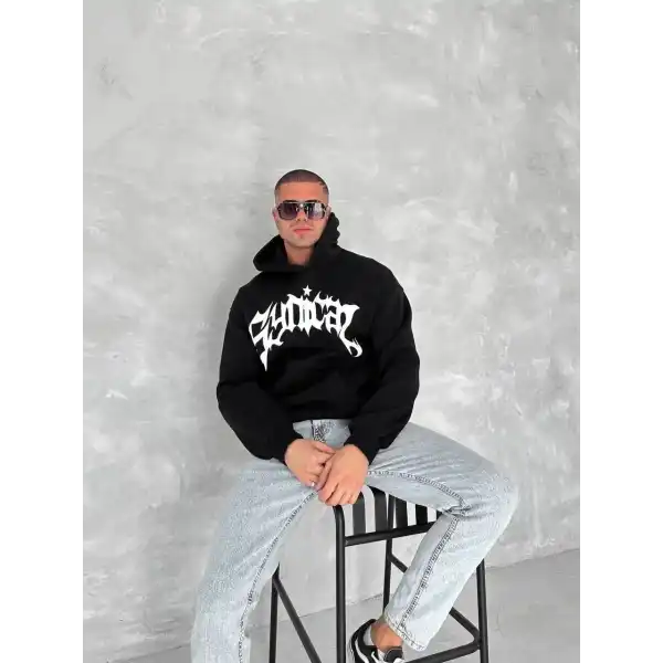 Erkek 3 İplik Pamuklu Kapüşonlu Baskılı Cepli Oversize Sweatshirt Hoodie - Siyah