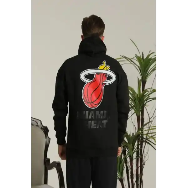 Erkek 3 İplik Pamuklu Kapüşonlu Baskılı Cepli Oversize Sweatshirt Hoodie - Siyah