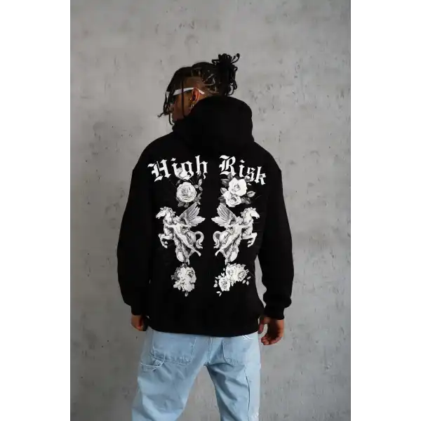Erkek 3 İplik Pamuklu Kapüşonlu Baskılı Cepli Oversize Sweatshirt Hoodie - Siyah