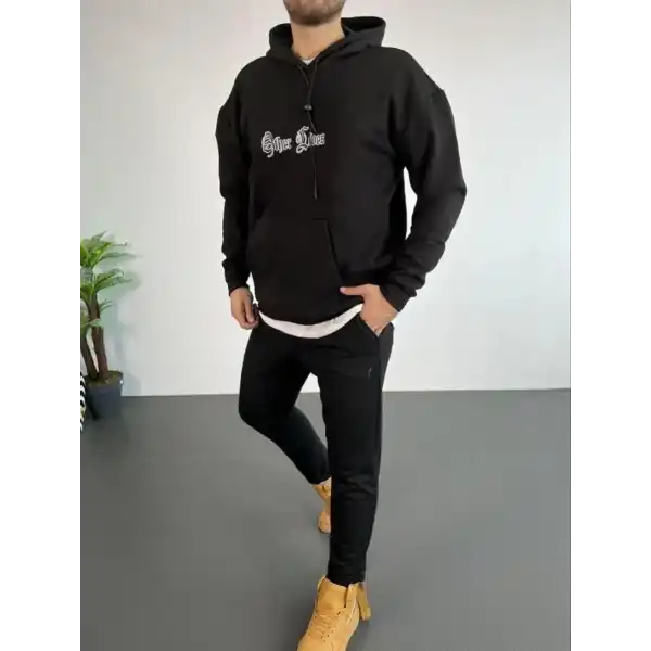 Erkek 3 İplik Pamuklu Kapüşonlu Baskılı Cepli Oversize Sweatshirt Hoodie - Siyah