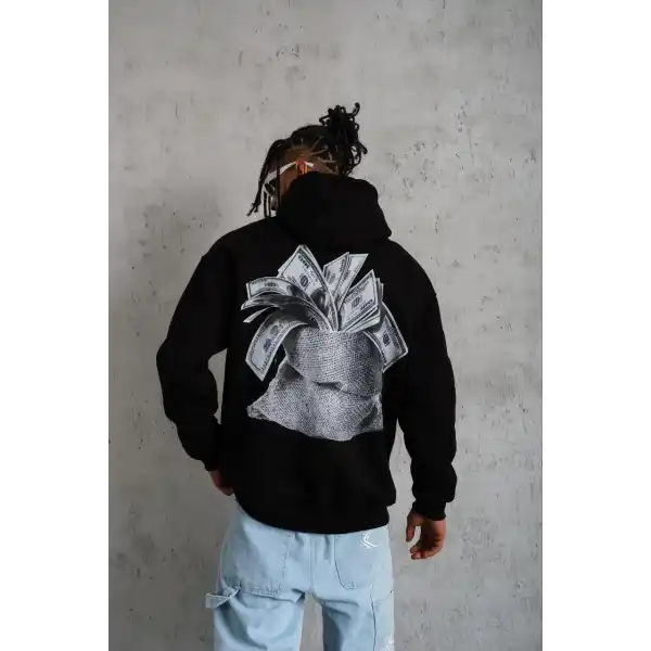 Erkek 3 İplik Pamuklu Kapüşonlu Baskılı Cepli Oversize Sweatshirt Hoodie - Siyah