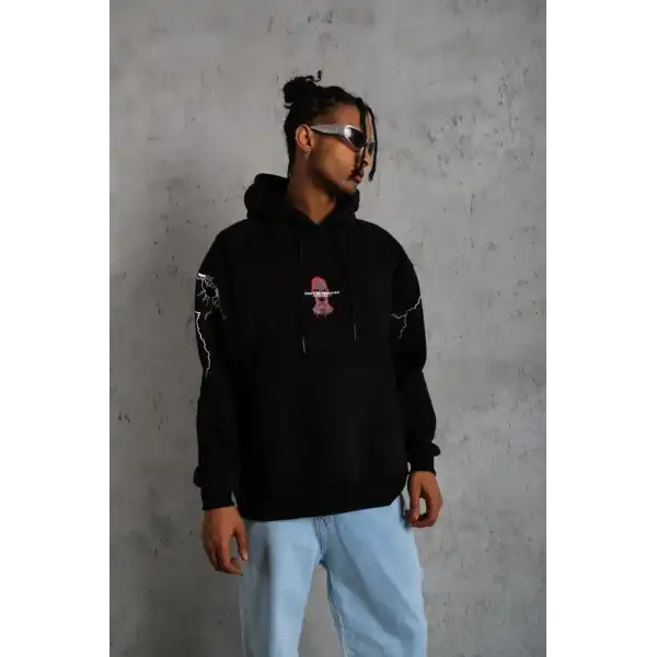 Erkek 3 İplik Pamuklu Kapüşonlu Baskılı Cepli Oversize Sweatshirt Hoodie - Siyah