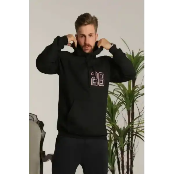 Erkek 3 İplik Pamuklu Kapüşonlu Baskılı Cepli Oversize Sweatshirt Hoodie - Siyah