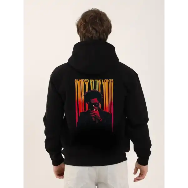 Erkek 3 İplik Pamuklu Kapüşonlu Baskılı Cepli Oversize Sweatshirt Hoodie - Siyah