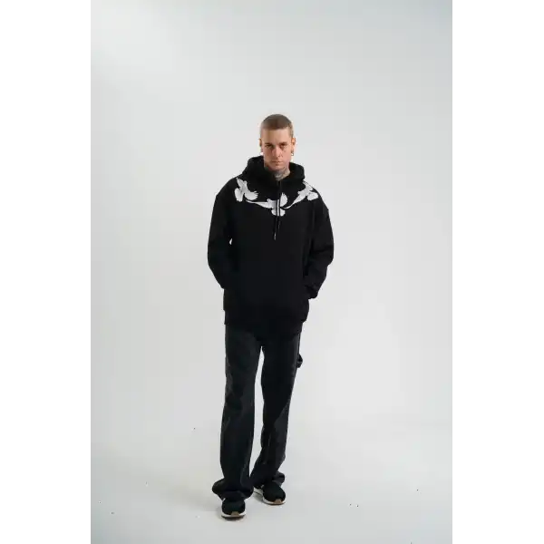 Erkek 3 İplik Pamuklu Kapüşonlu Baskılı Cepli Oversize Sweatshirt Hoodie - Siyah