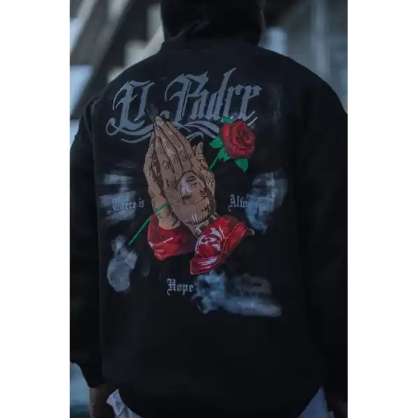 Erkek 3 İplik Pamuklu Kapüşonlu Baskılı Cepli Oversize Sweatshirt Hoodie - Siyah