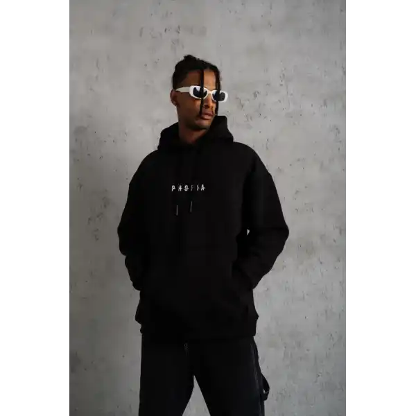 Erkek 3 İplik Pamuklu Kapüşonlu Baskılı Cepli Oversize Sweatshirt Hoodie - Siyah