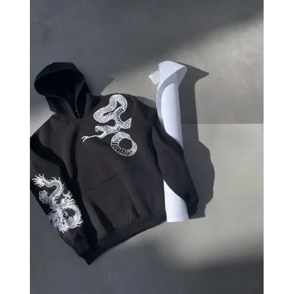 Erkek 3 İplik Pamuklu Kapüşonlu Baskılı Cepli Oversize Sweatshirt Hoodie - Siyah
