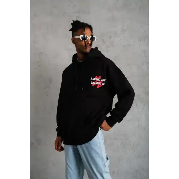 Erkek 3 İplik Pamuklu Kapüşonlu Baskılı Cepli Oversize Sweatshirt Hoodie - Siyah