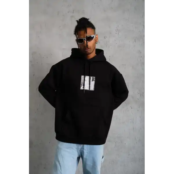 Erkek 3 İplik Pamuklu Kapüşonlu Baskılı Cepli Oversize Sweatshirt Hoodie - Siyah