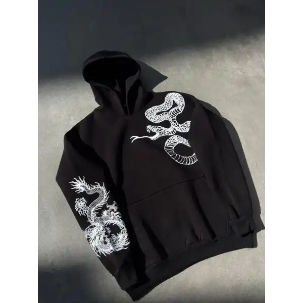 Erkek 3 İplik Pamuklu Kapüşonlu Baskılı Cepli Oversize Sweatshirt Hoodie - Siyah