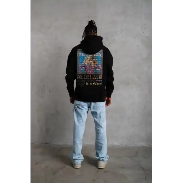 Erkek 3 İplik Pamuklu Kapüşonlu Baskılı Cepli Oversize Sweatshirt Hoodie - Siyah