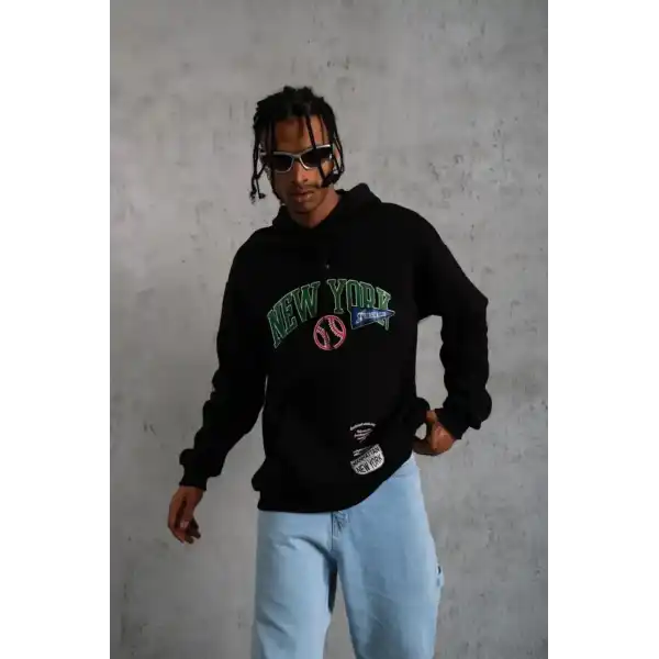 Erkek 3 İplik Pamuklu Kapüşonlu Baskılı Cepli Oversize Sweatshirt Hoodie - Siyah