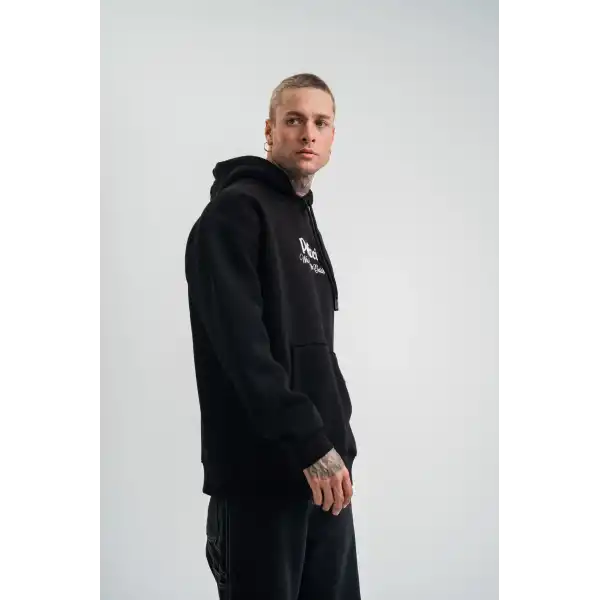 Erkek 3 İplik Pamuklu Kapüşonlu Baskılı Cepli Oversize Sweatshirt Hoodie - Siyah