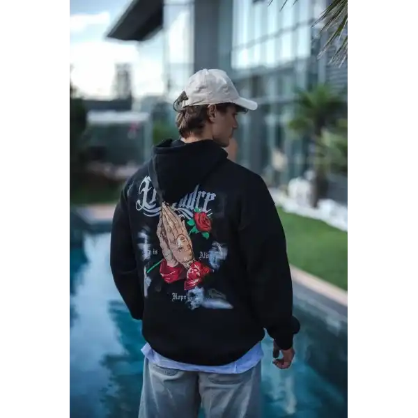Erkek 3 İplik Pamuklu Kapüşonlu Baskılı Cepli Oversize Sweatshirt Hoodie - Siyah