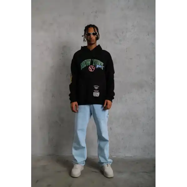 Erkek 3 İplik Pamuklu Kapüşonlu Baskılı Cepli Oversize Sweatshirt Hoodie - Siyah