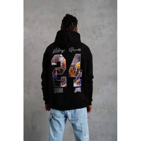 Erkek 3 İplik Pamuklu Kapüşonlu Baskılı Cepli Oversize Sweatshirt Hoodie - Siyah