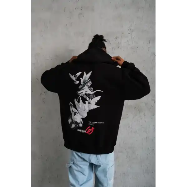 Erkek 3 İplik Pamuklu Kapüşonlu Baskılı Cepli Oversize Sweatshirt Hoodie - Siyah
