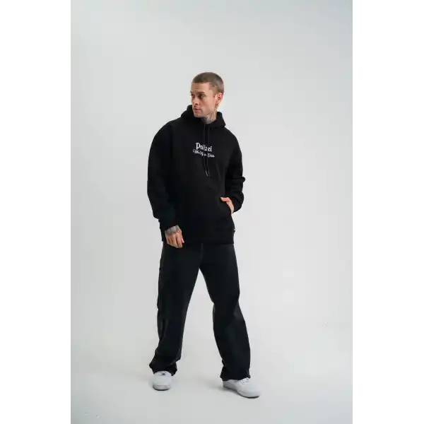 Erkek 3 İplik Pamuklu Kapüşonlu Baskılı Cepli Oversize Sweatshirt Hoodie - Siyah