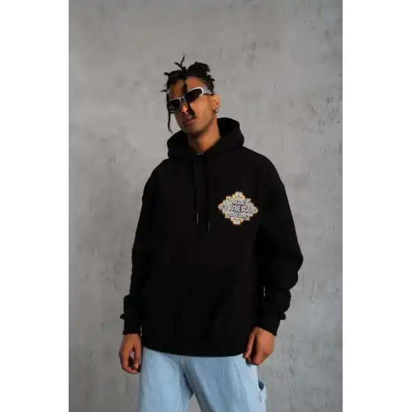 Erkek 3 İplik Pamuklu Kapüşonlu Baskılı Cepli Oversize Sweatshirt Hoodie - Siyah
