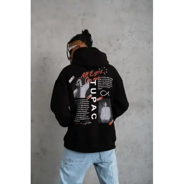 Erkek 3 İplik Pamuklu Kapüşonlu Baskılı Cepli Oversize Sweatshirt Hoodie - Siyah