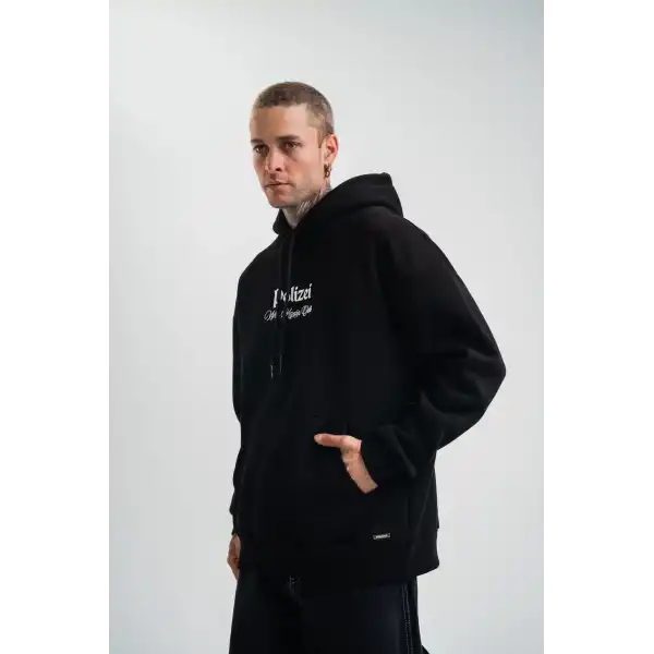 Erkek 3 İplik Pamuklu Kapüşonlu Baskılı Cepli Oversize Sweatshirt Hoodie - Siyah